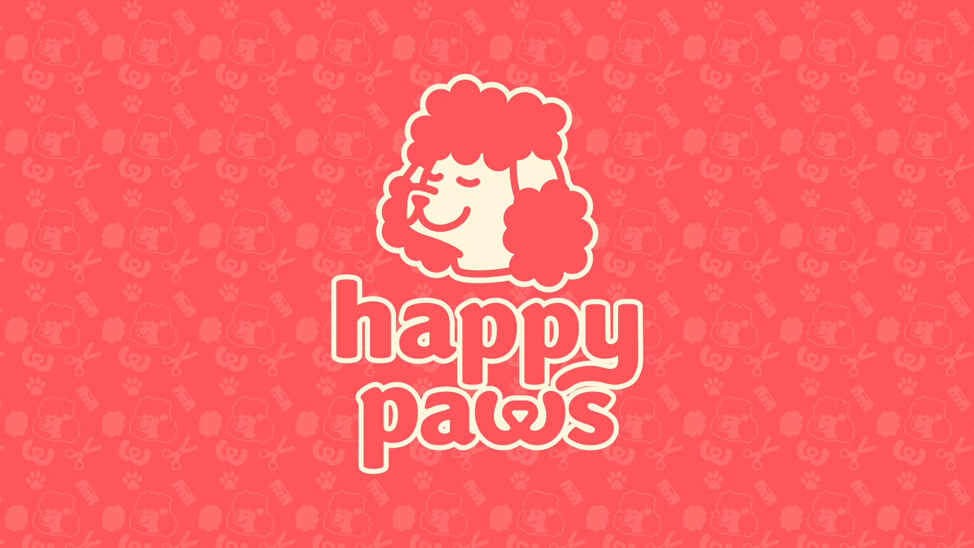 Logo with a smiling poodle illustration above the text 'happy paws' on a pink patterned background.