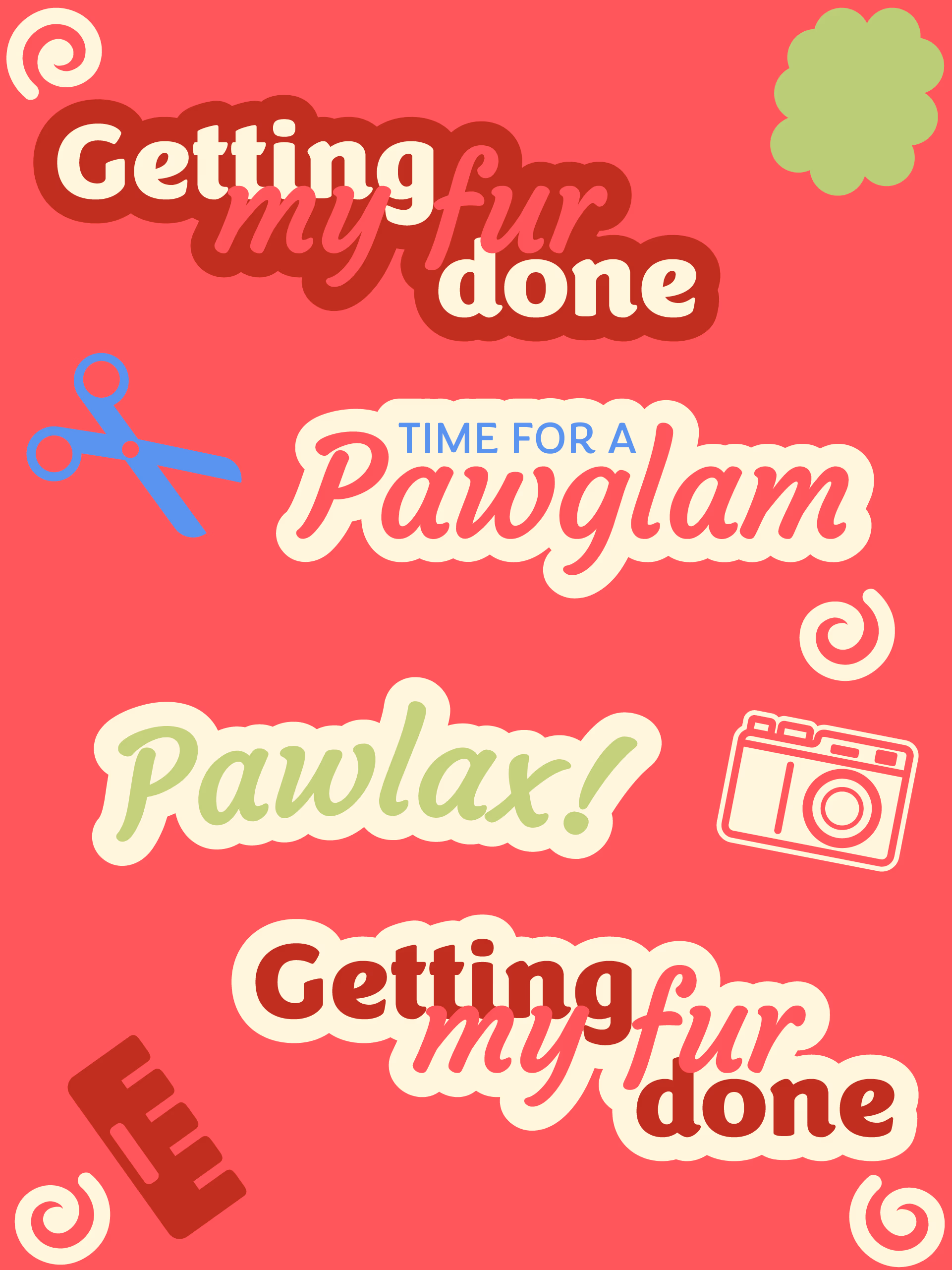 Colorful playful text phrases about pet grooming with scissors, comb, and camera icons on pink background.
