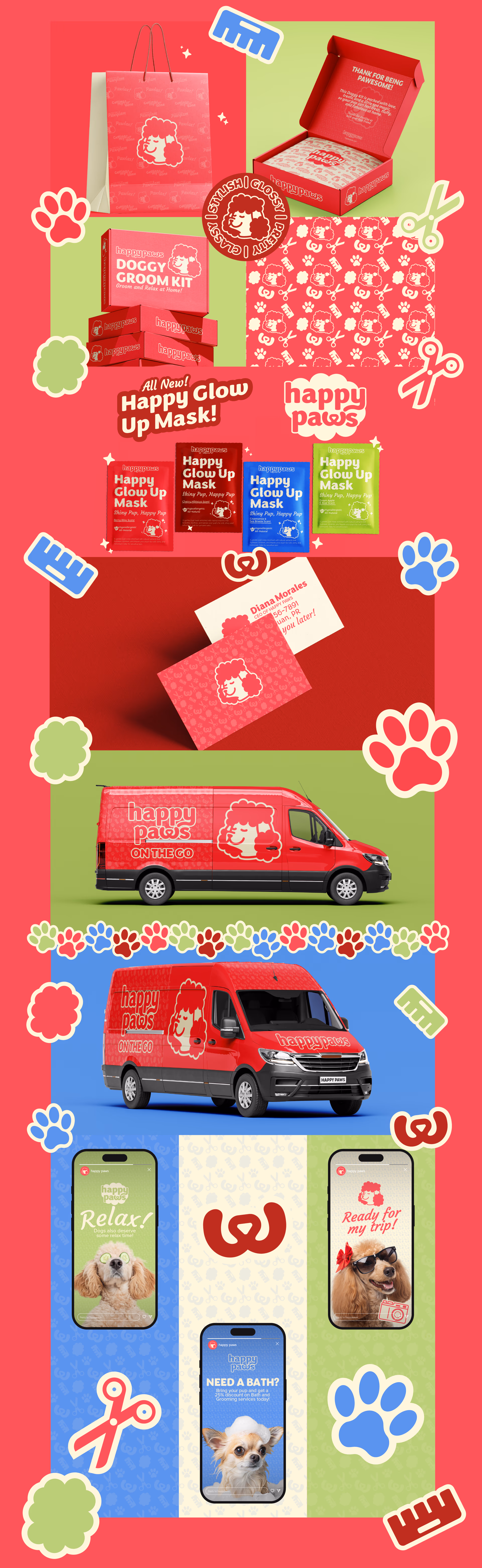 Happy Paws branding on red bags, grooming kits, masks, delivery vans, and dog images on smartphones.