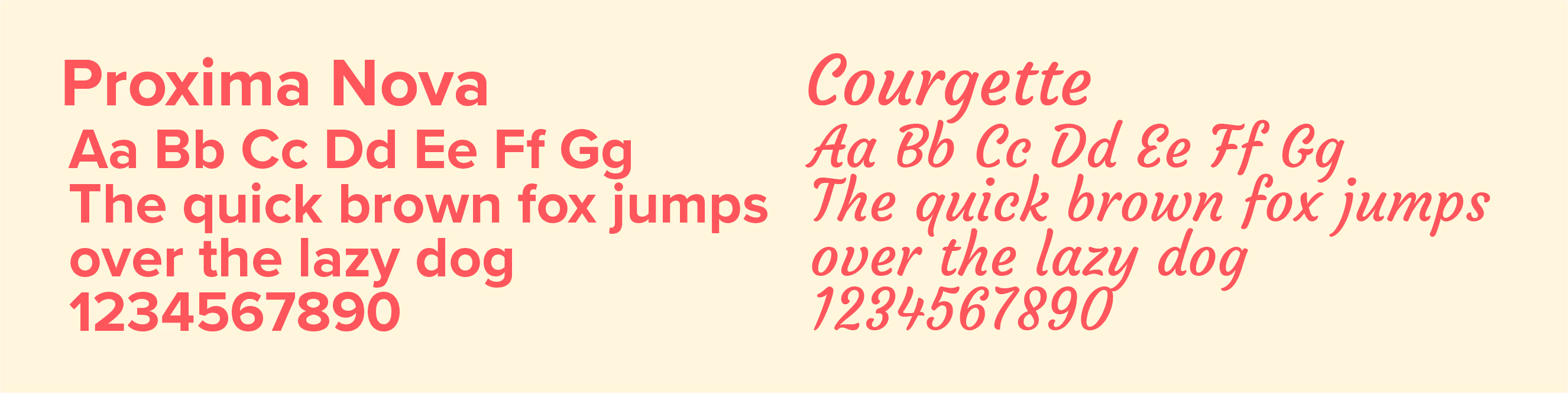 Comparison of Proxima Nova bold font and Courgette italic font with alphabet, sentence, and numbers.