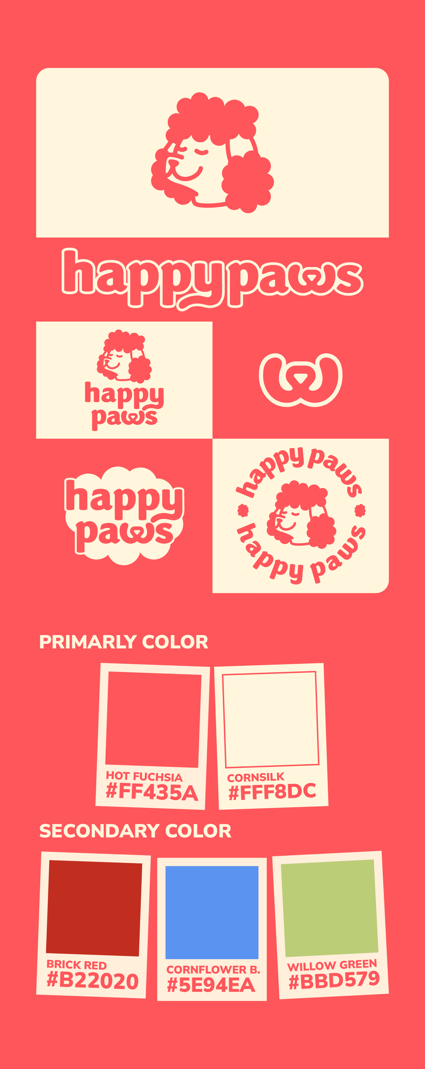 Happy Paws logos with dog head and paw designs, plus primary and secondary color swatches and hex codes.