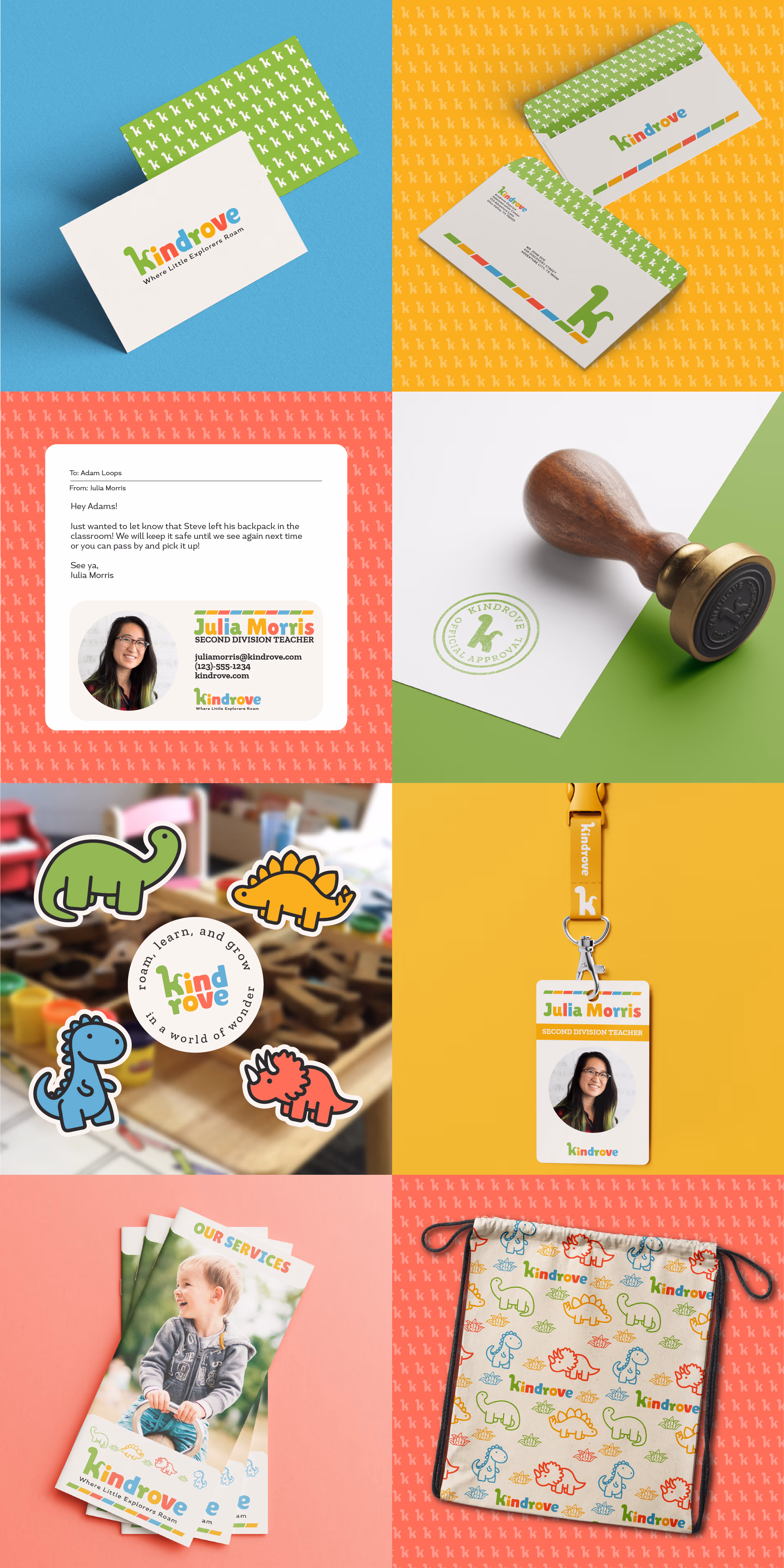 Kindrove branded cards, stamps, stickers, lanyard, brochures, and a dinosaur-themed drawstring bag.
