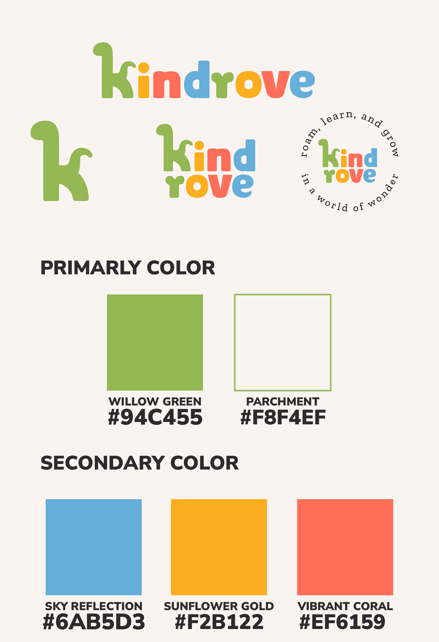 Kindrove logo variations and color palette with willow green, parchment, sky reflection, sunflower gold, and vibrant coral.