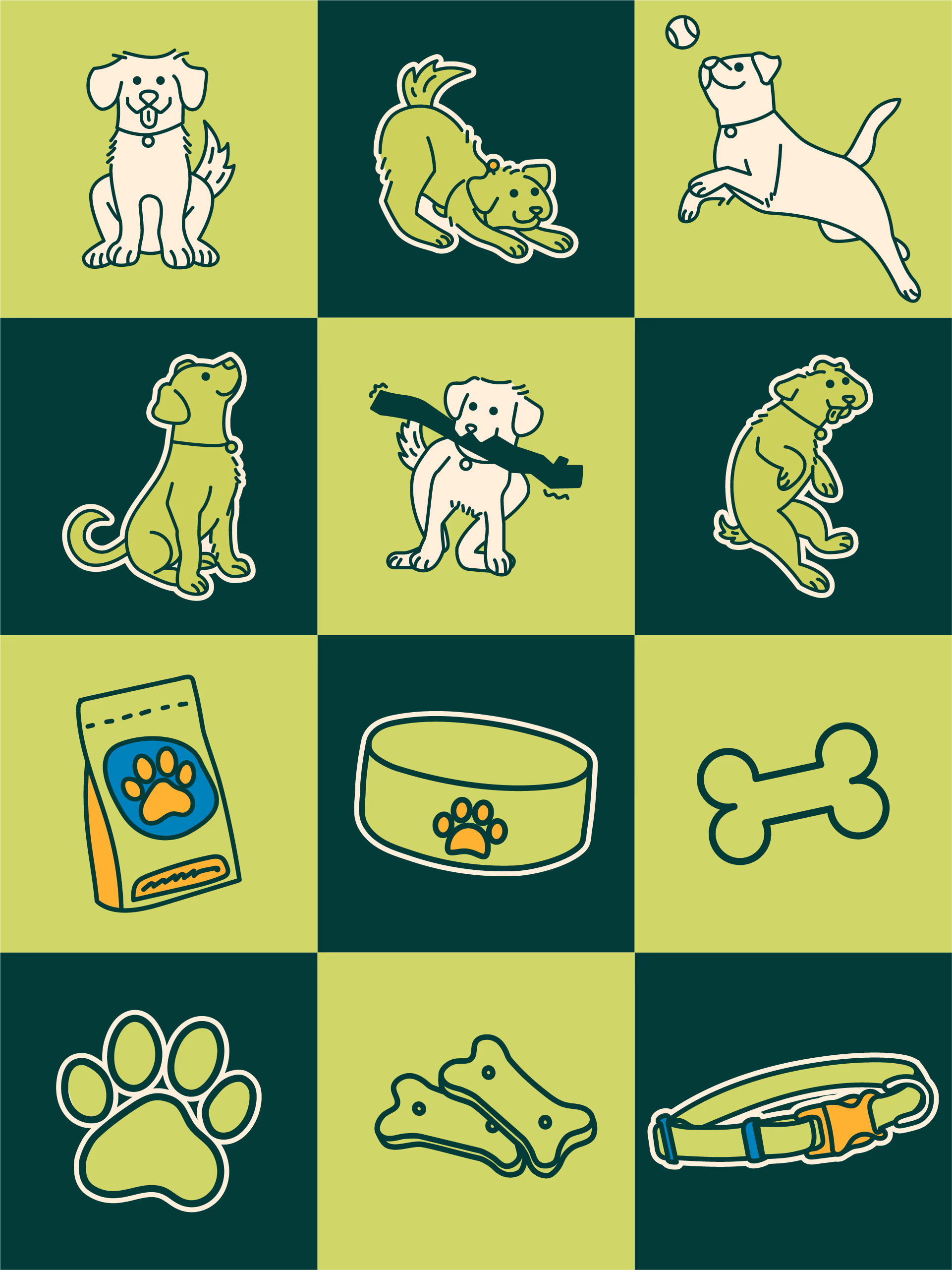 Grid of cartoon dogs in various poses and dog-related items on green and dark green squares.