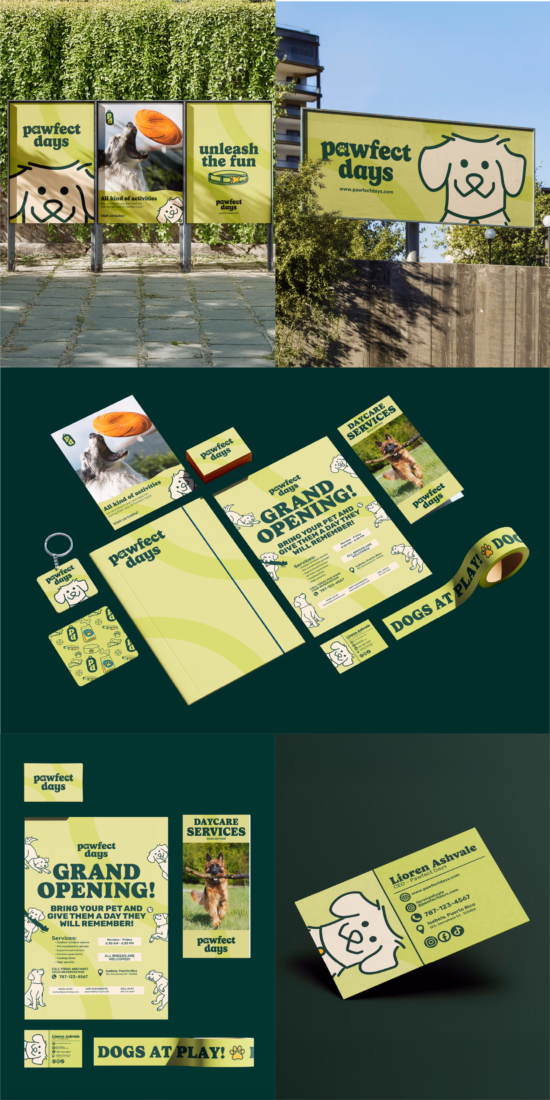 Advertising materials for Pawfect Days pet daycare, including signs, flyers, business cards, and keychains.
