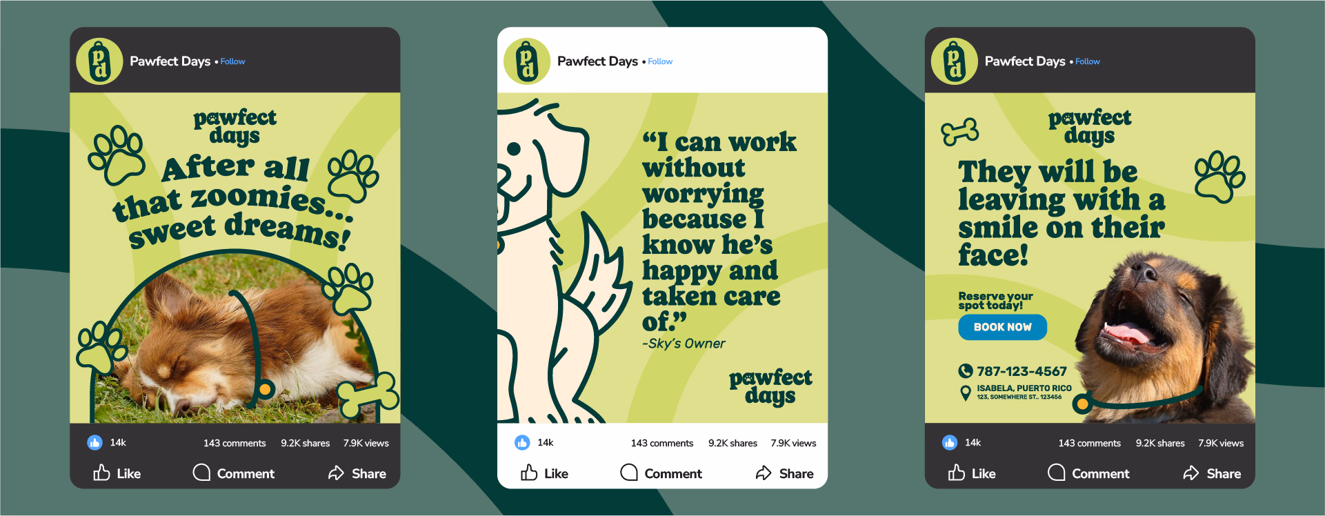 Three social media posts from Pawfect Days featuring happy dogs and positive pet care messages.
