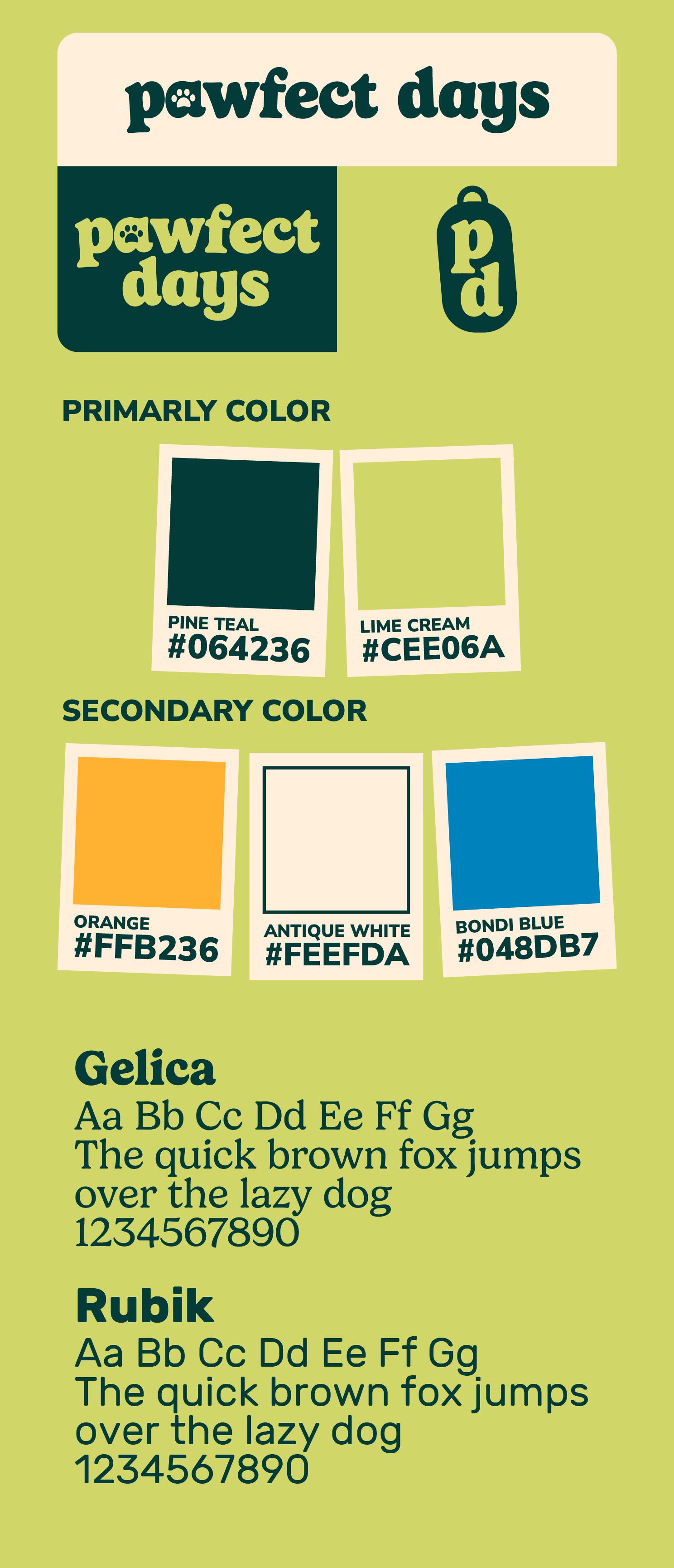 Brand board showing Pawfect Days logo, color palette, and fonts Gelica and Rubik.