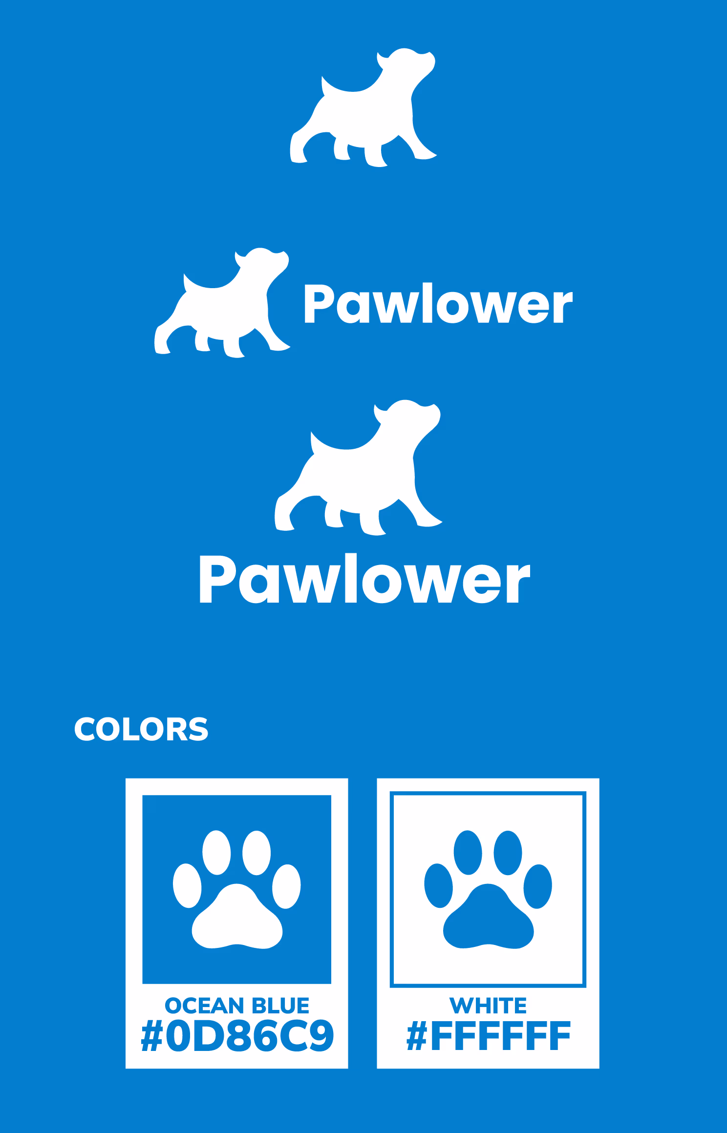 White dog icon and Pawlower text on ocean blue background with color codes for ocean blue and white.