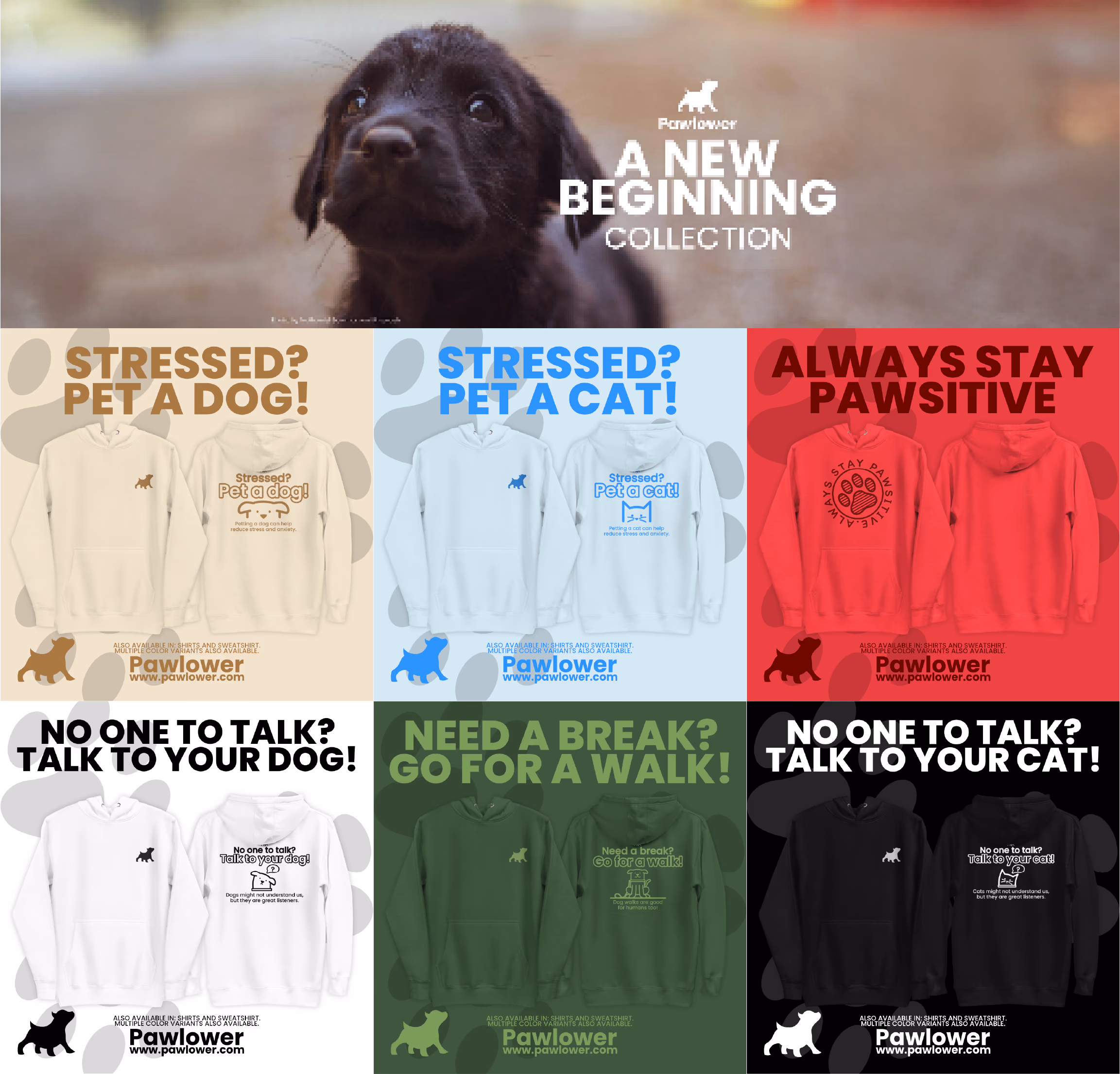 Poster with six hoodies featuring pet stress relief slogans for dogs and cats with Pawlower branding.