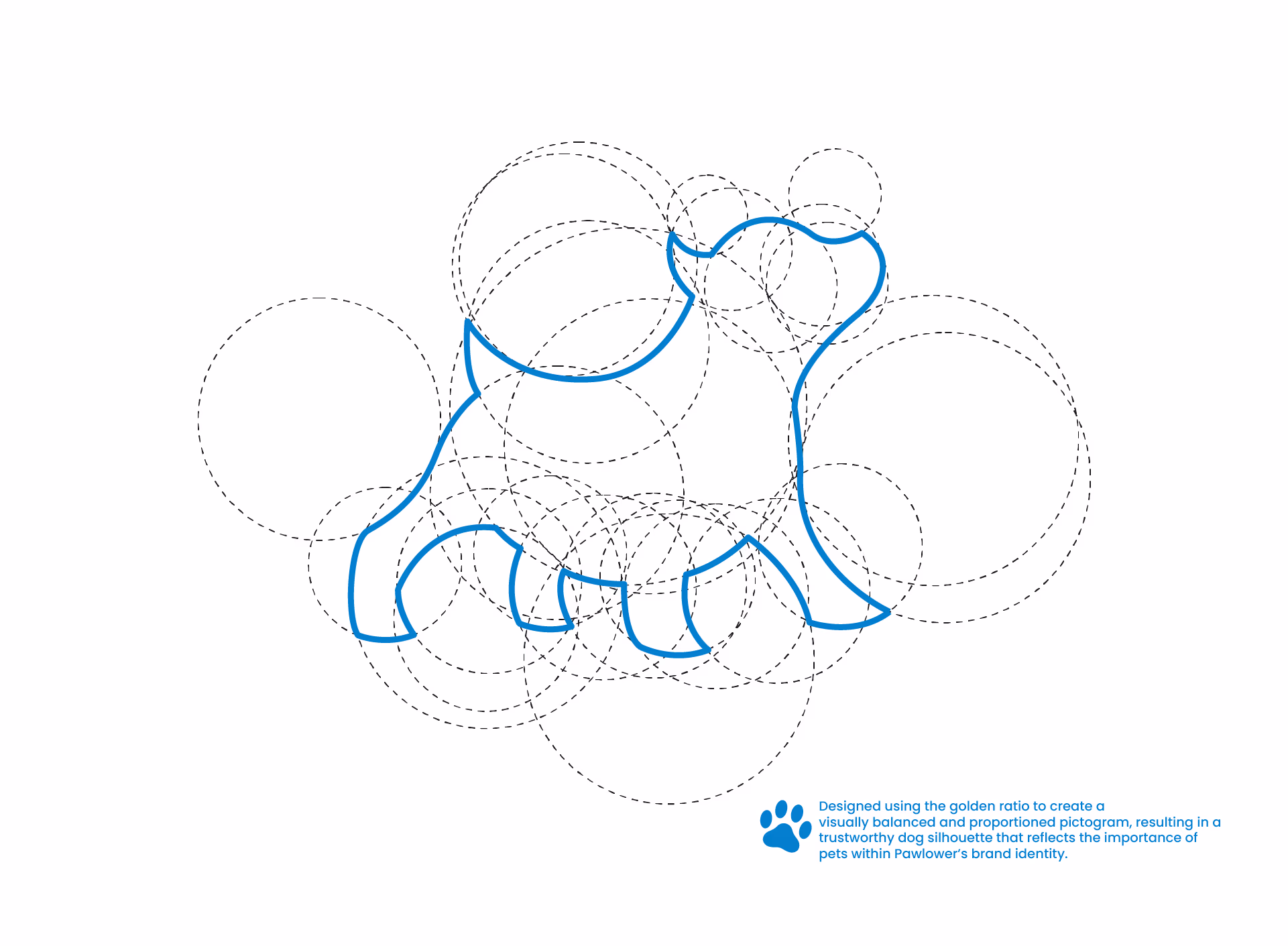 Blue outline of a dog silhouette with dashed circles showing golden ratio design proportions.