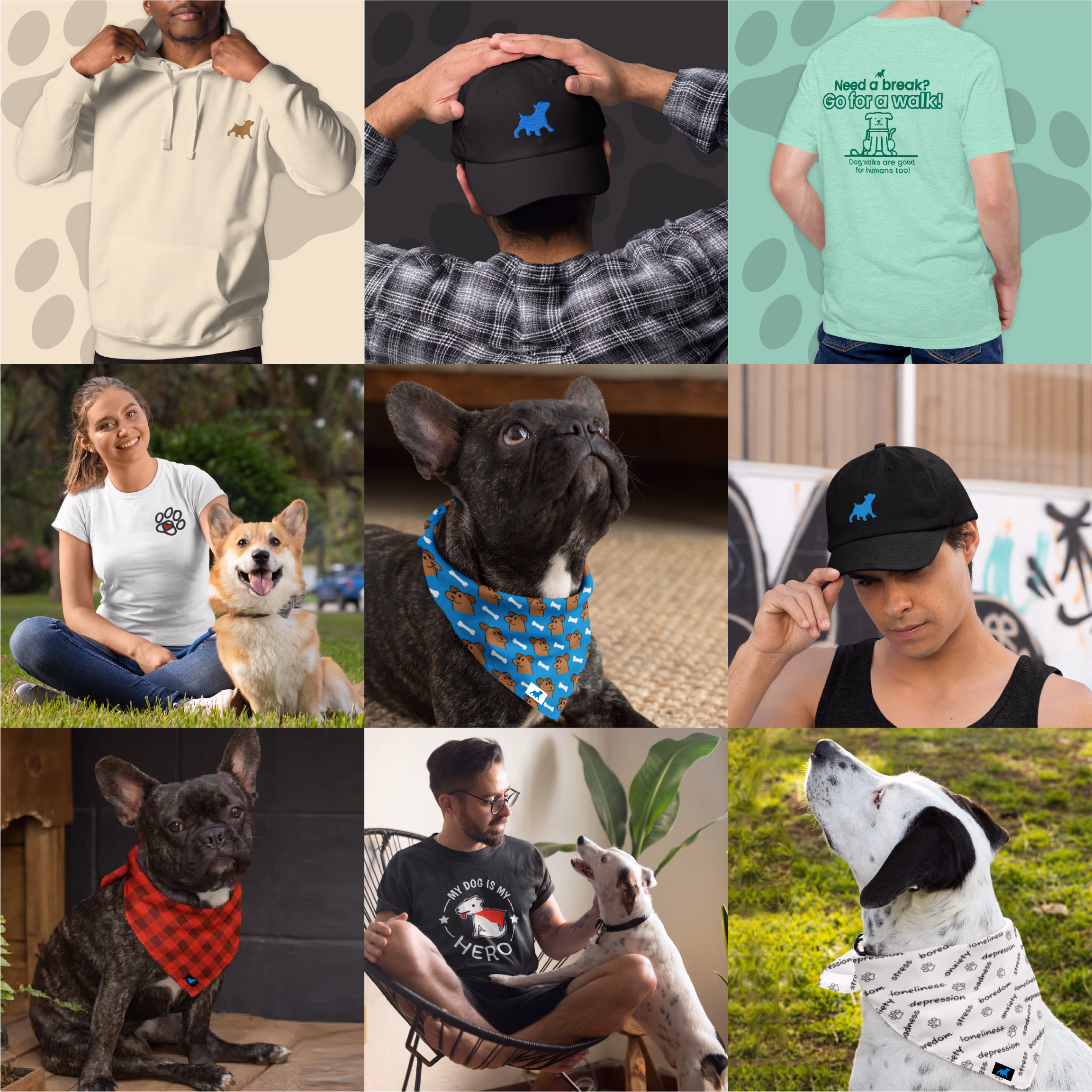 Collage of people and dogs wearing dog-themed apparel and accessories, including hats, shirts, and bandanas.