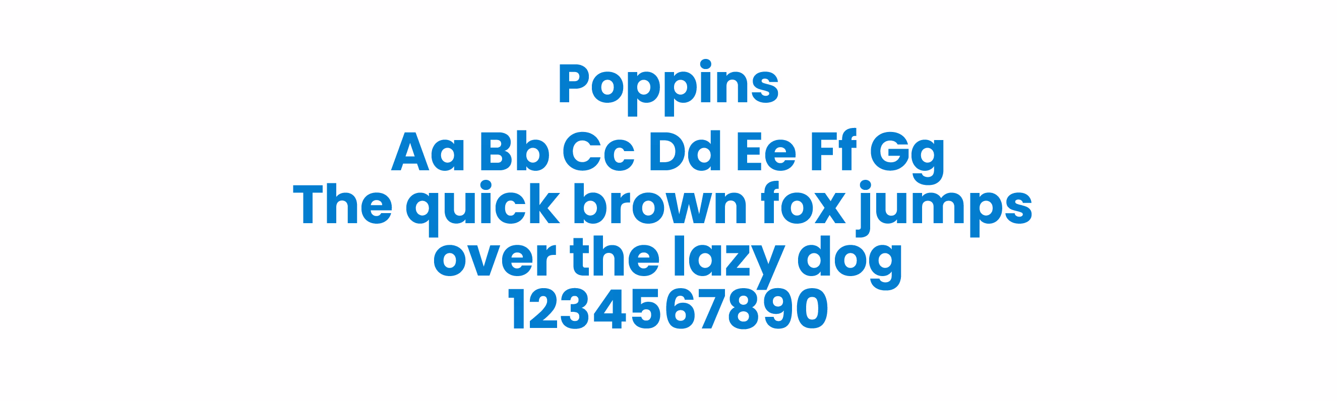 Blue Poppins font sample showing uppercase, lowercase letters, the pangram, and digits 0-9 on white background.