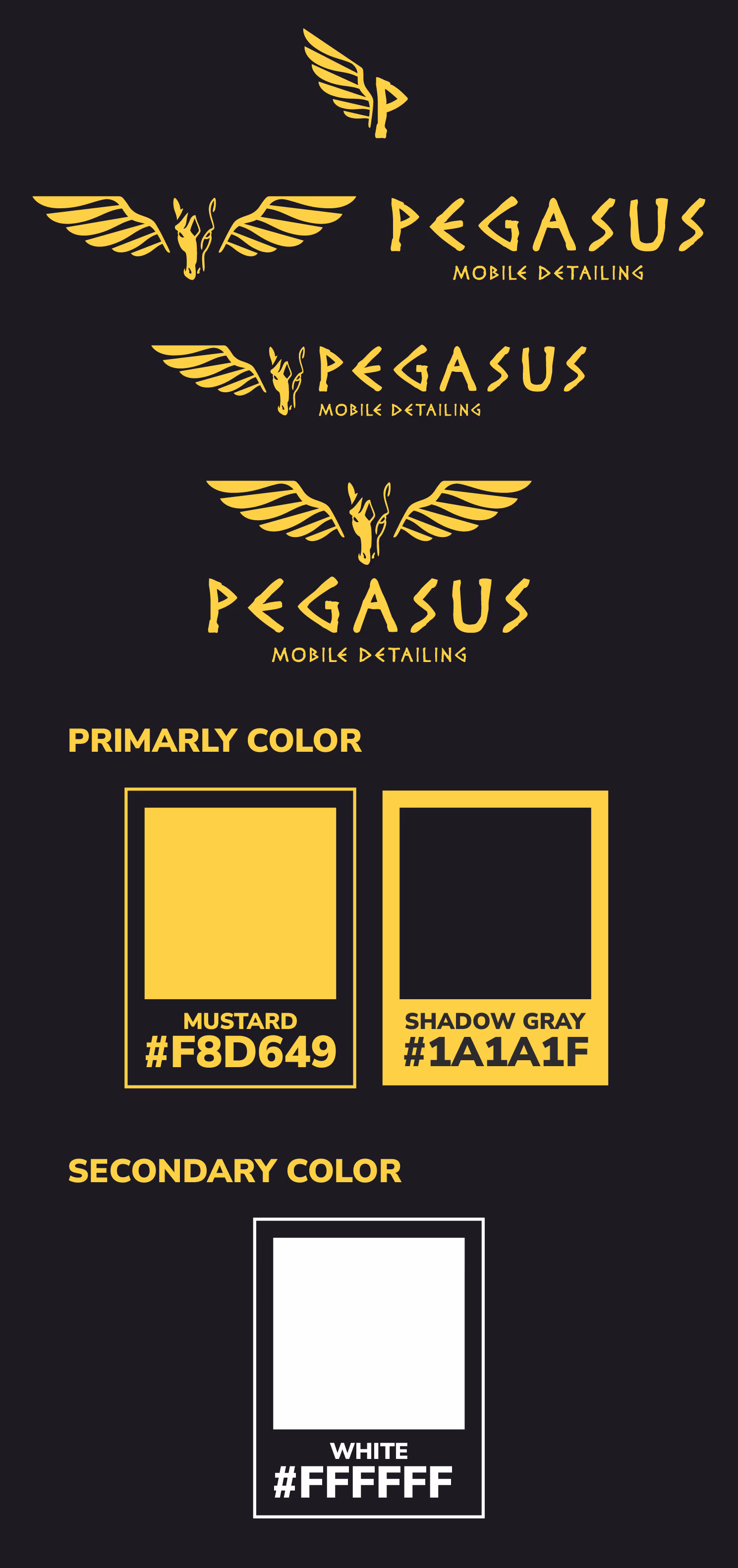 Three yellow Pegasus Mobile Detailing logos and color swatches mustard #F8D649, shadow gray #1A1A1F, white #FFFFFF.