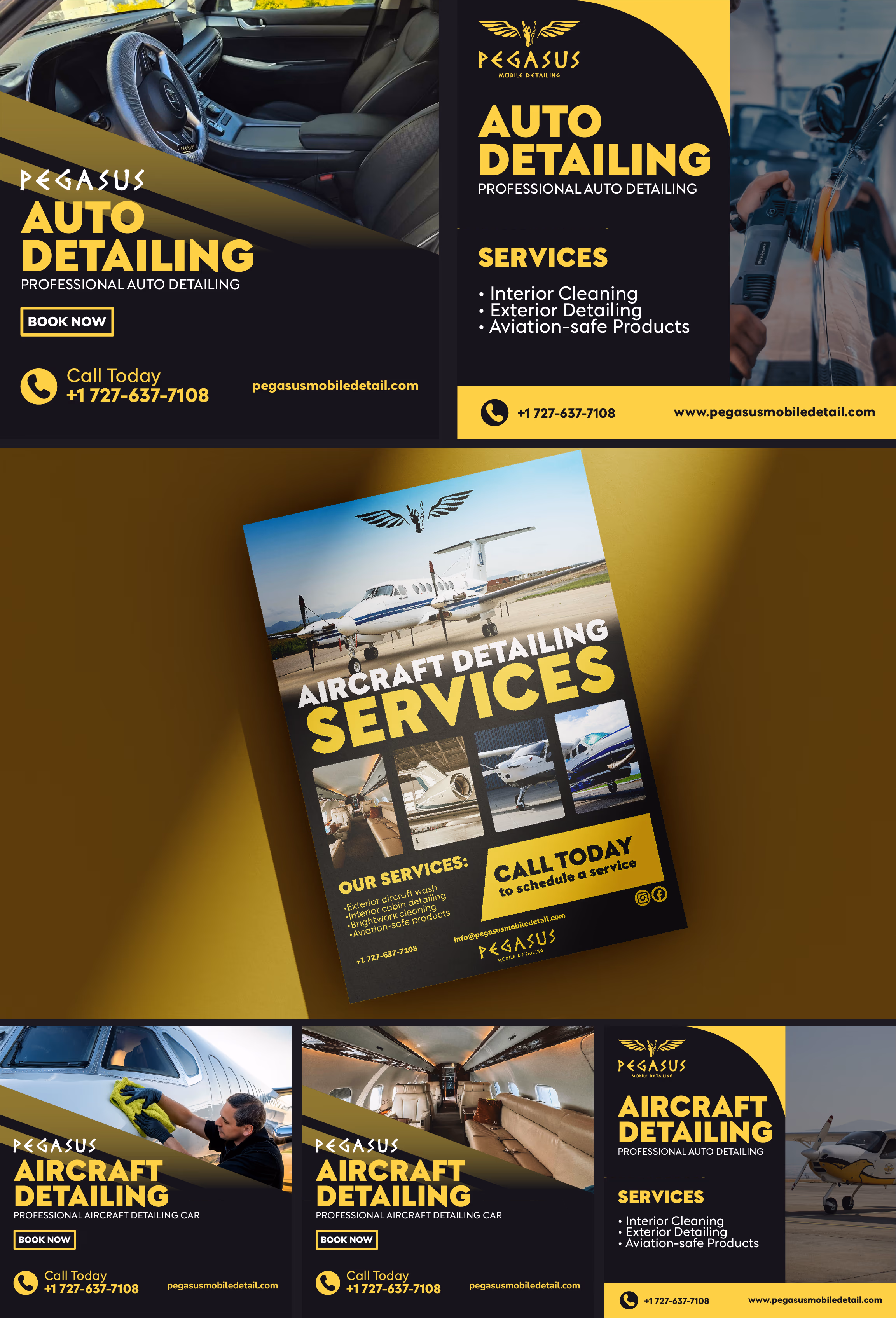 Pegasus mobile detailing ads featuring auto and aircraft cleaning services with contact info and images.