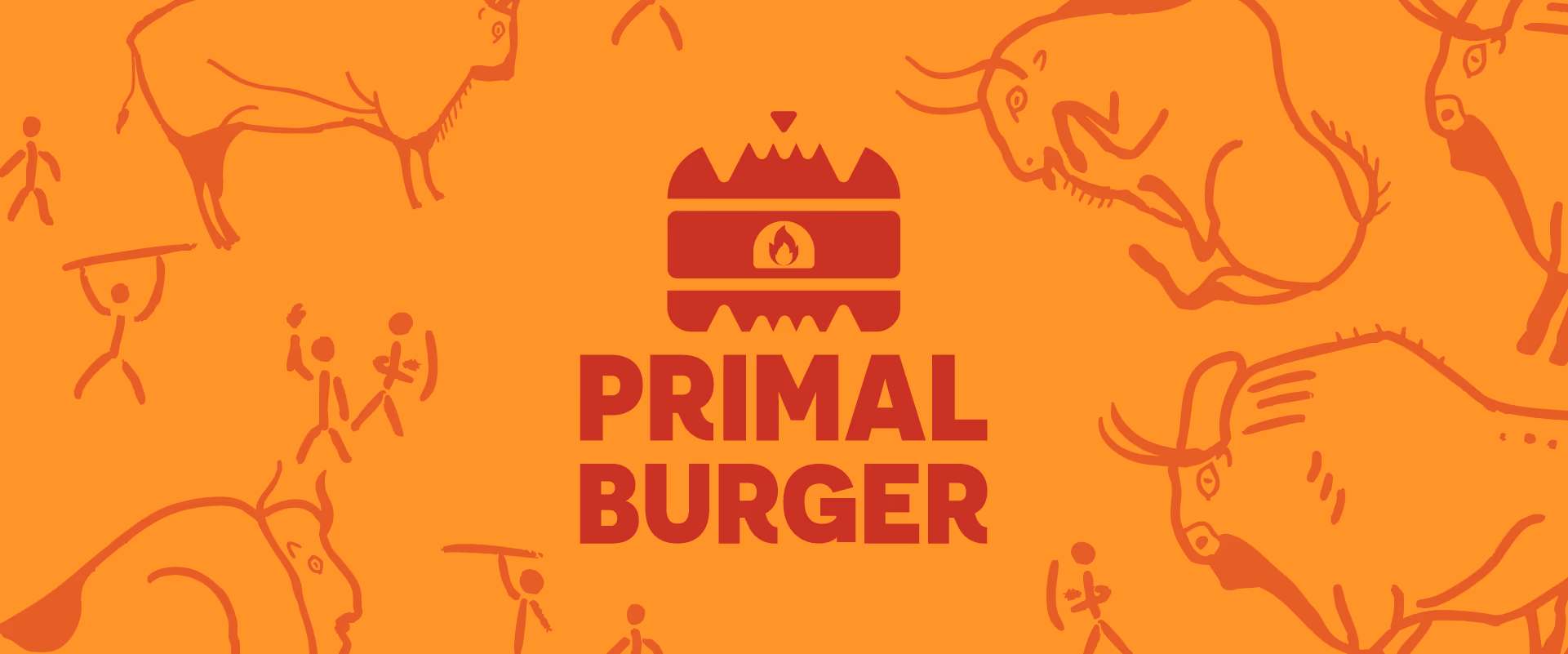 Primal Burger logo with primal-style animal and human figures on an orange background.