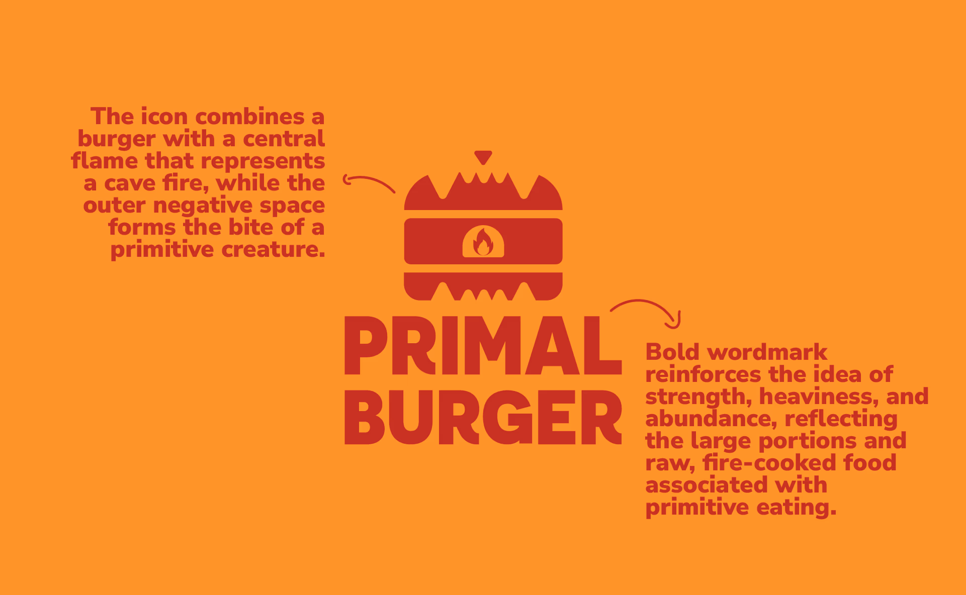 Primal Burger logo with a burger icon showing a cave fire flame and primitive creature bites in negative space.
