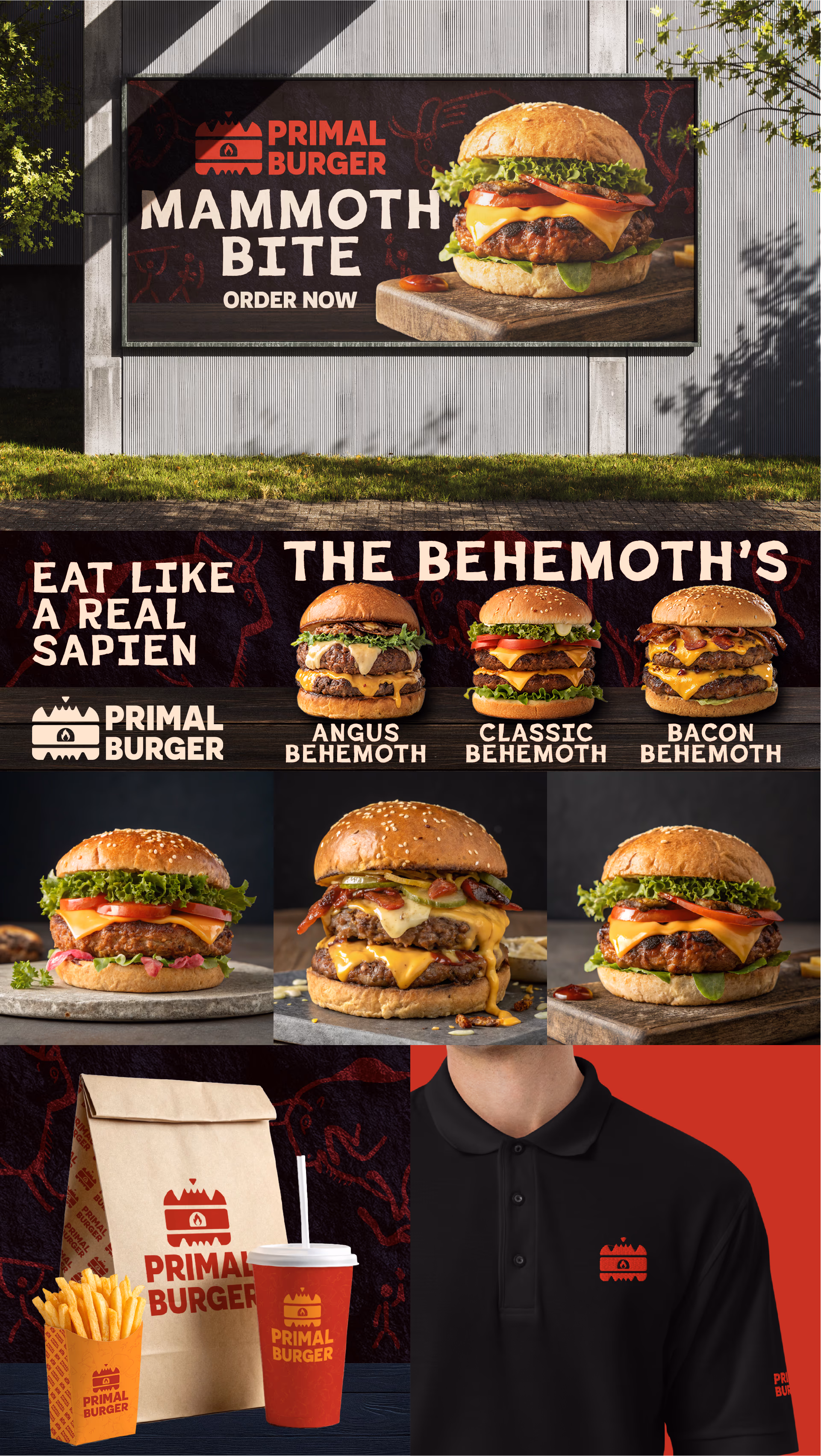 Primal Burger menu boards featuring Mammoth Bite and Behemoth burgers with fries, drink, and branded shirt.