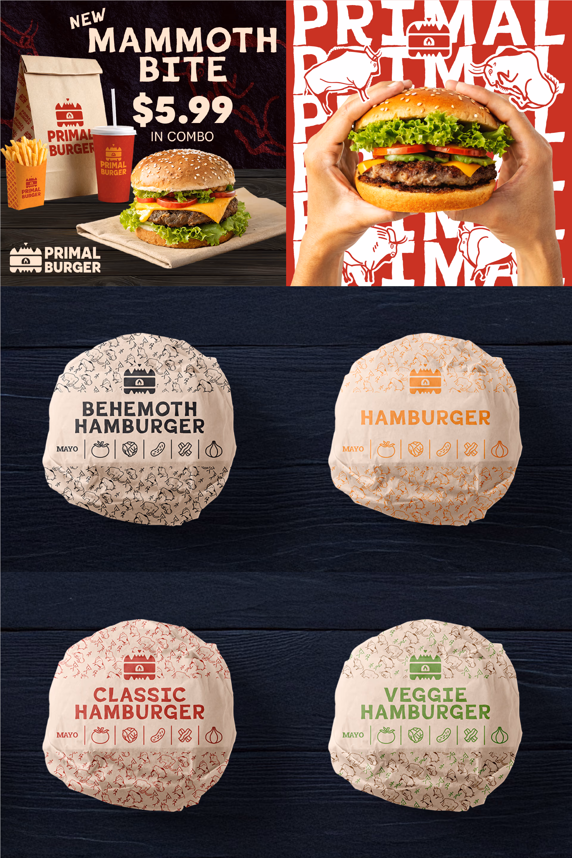 Primal Burger menu showing Mammoth Bite combo with fries and burger varieties wrapped on black wood table.