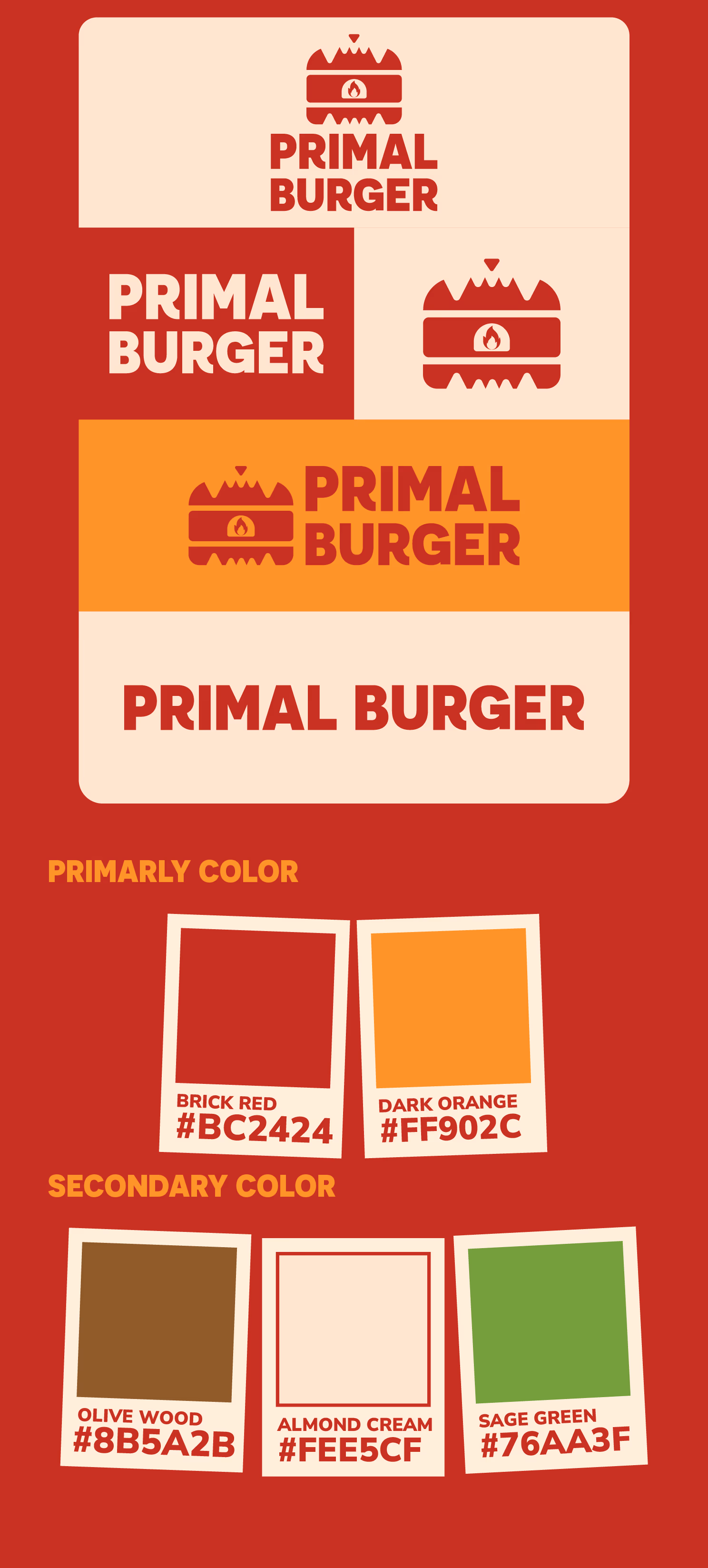 Primal Burger logo variations and brand colors including brick red, dark orange, olive wood, almond cream, sage green.