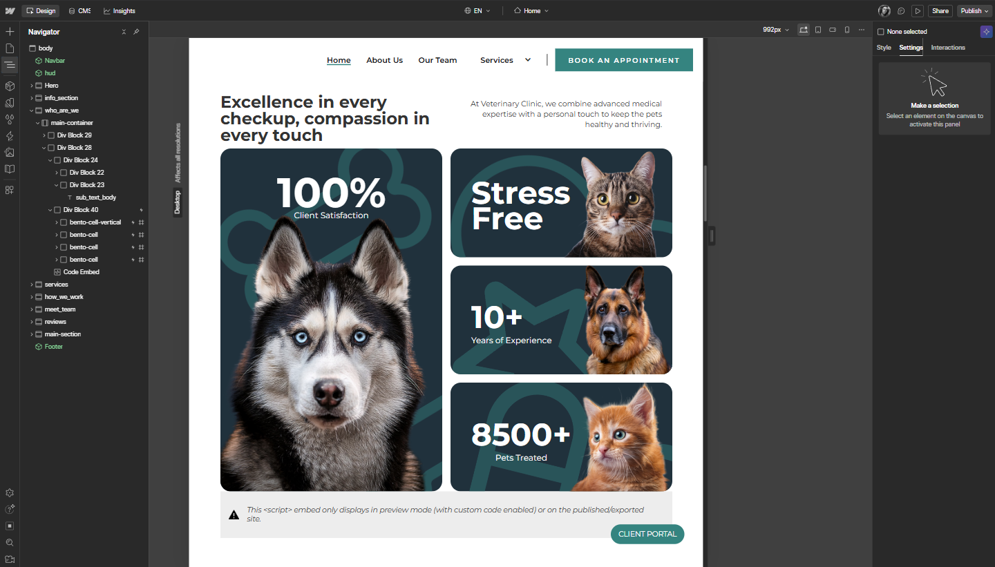 Veterinary clinic webpage showing pets, client satisfaction, experience, and stress-free care.